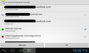 Einstellungen in der Kalender APP: Zu synchronisierende Kalender